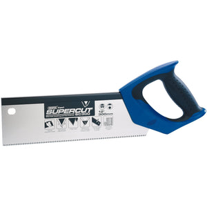 A Draper Expert Supercut® Soft Grip Hardpoint Tenon Saw, with a 300mm/12" fine ground, Japanese high carbon steel blade marked "SC300." The ergonomic soft grip handle complements the metallic blade, which features various icons and measurements, including "11 TPI.