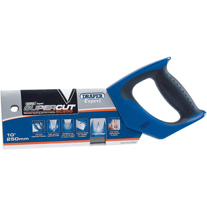 The Draper Expert Supercut® Soft Grip Hardpoint Tenon Saw, model SC250, boasts a fine ground blade crafted from Japanese high carbon steel. Its blue and black handle is ergonomically designed with a soft grip for comfortable use, and the packaging details an array of features and applications.