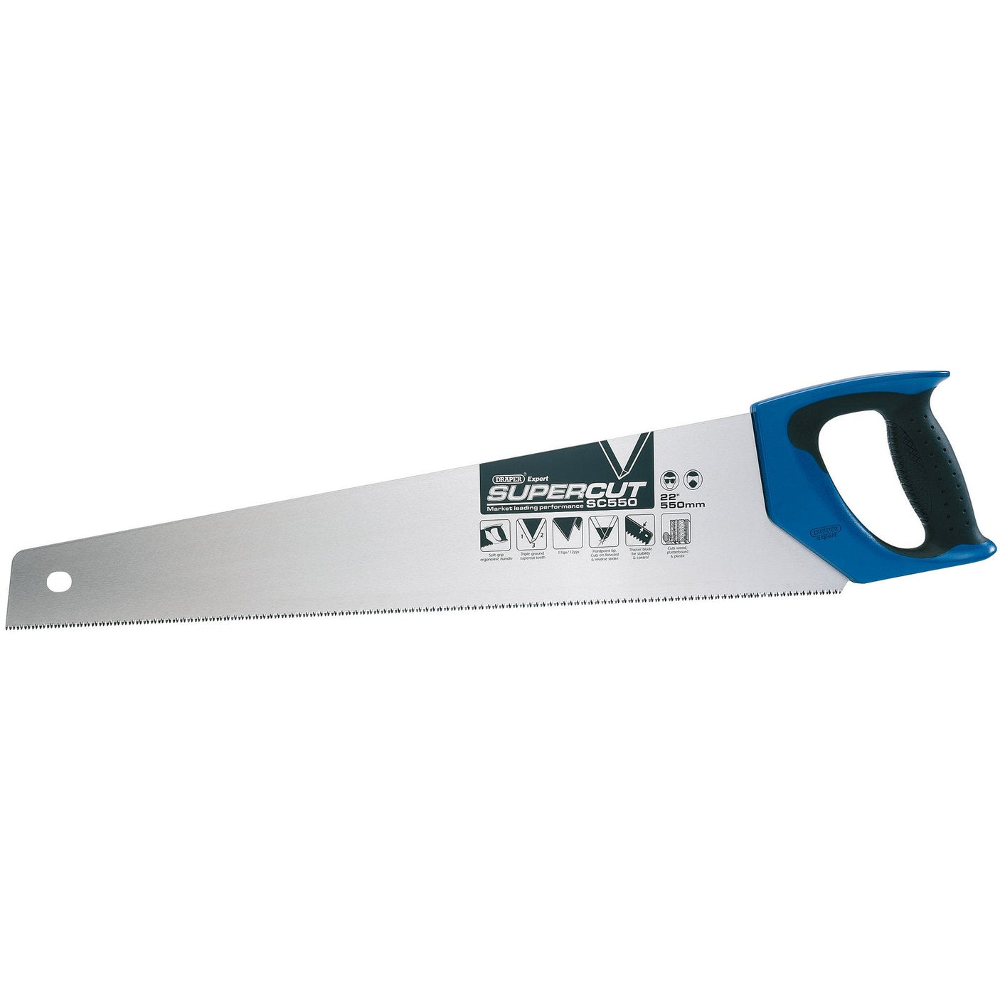 The Draper Supercut® Soft Grip Hardpoint Handsaw, model SC550/D, features a 550mm/22" metal blade constructed from high carbon steel, an ergonomic soft grip blue handle, various icons and text detailing the specifications—including its 11 Teeth per inch (Tpi) and 12 Points per inch (Ppi)—and a hole near the tip for hanging.