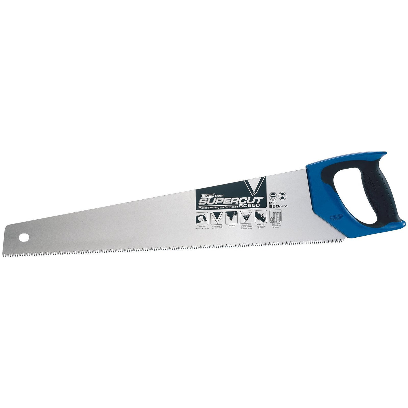 Introducing the Draper Expert Supercut® Soft Grip Hardpoint Handsaw (SC550) by Draper, featuring a 550mm/22" blade crafted from Japanese high carbon steel with a silver finish. The saw boasts a triple ground tooth design and includes an ergonomic blue and black soft grip handle with a hanging hole for convenient storage. It’s available in 7Tpi/8Ppi tooth configuration.