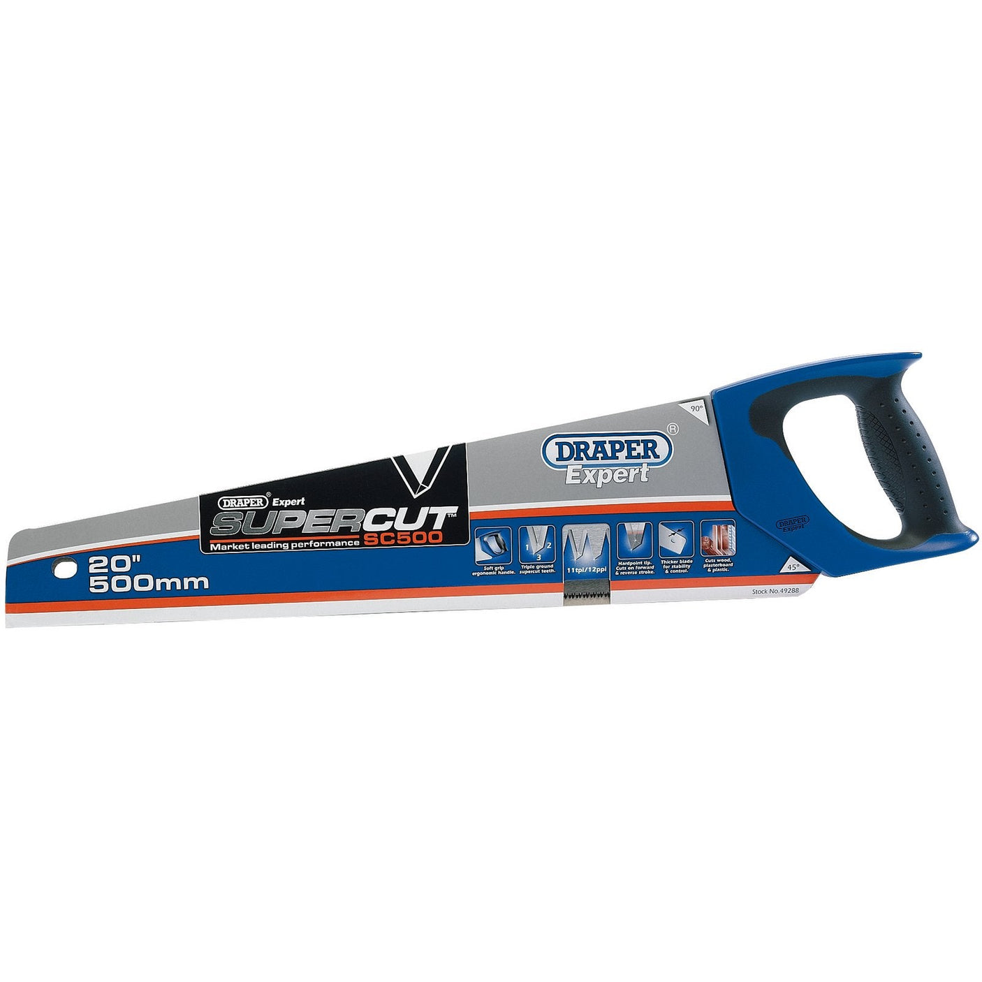 The Draper Expert Supercut® Soft Grip Hardpoint Handsaw, 500mm/20", 11Tpi/12Ppi - SC500, is a precision woodcutting tool featuring an ergonomic soft grip handle and a blade crafted from Japanese high carbon steel.