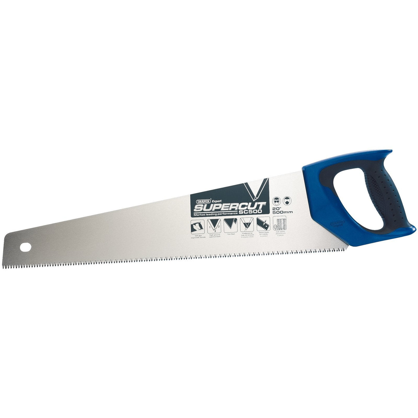 A Draper Supercut® Soft Grip Hardpoint Handsaw, featuring an ergonomic blue and black handle, a silver serrated blade made from high carbon steel, and branding text that reads "Supercut 500mm.