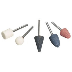 The Draper Shank Mounted Grinding Point Set, 1/8" (5 Piece) - 4800 includes assorted grinding and polishing bits with different shapes and grit textures, each on a metal shaft. These high-quality rotary grinding stones are made from aluminium oxide for various abrasive purposes.