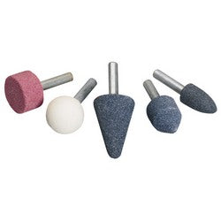 The Draper Shank Mounted Grinding Point Set, 6mm (5 Piece) - 4693 features five rotary grinding stones with metal shanks, perfect for sharpening or smoothing metals. Each stone is made from durable aluminum oxide and varies in shape and color, including cylindrical, spherical, and conical forms.