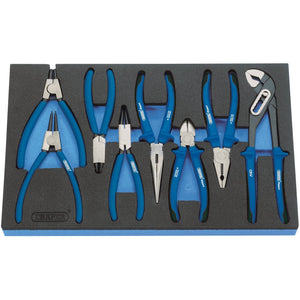 The Draper Heavy Duty Soft Grip Pliers Set In EVA Foam Insert Tray (8 Piece) - IT32-EVA features eight blue-handled pliers with ergonomic soft grip handles, meticulously arranged in an EVA foam tray. This versatile set includes various types of pliers and a wrench.