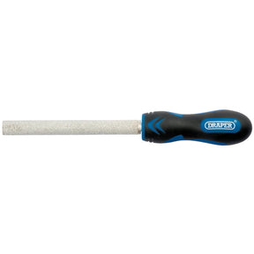 A half-round tiling file labeled "Draper," featuring a durable carbon steel blade and a black and blue soft grip plastic handle, ideal for precise tile filing. The file measures 140mm in length and is known as the Draper Soft Grip Half Round Tiling File, model TLG6.
