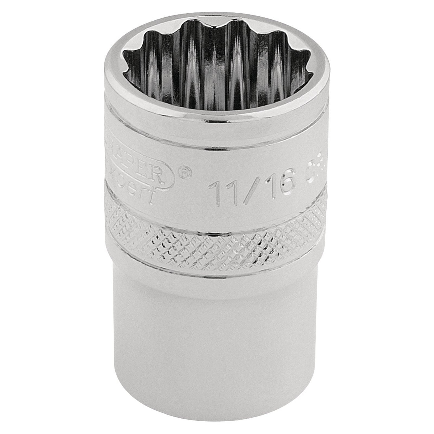 A Draper Hi-Torq® 12 Point Socket, 3/8" Sq. Dr., 11/16" made from chrome vanadium steel and featuring a knurled ring for enhanced grip.