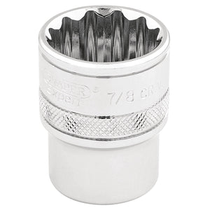 A chrome-plated 7/8-inch socket with a knurled ring and 12-point inside design, marked with "Draper Hi-Torq® 12 Point Socket, 3/8" Sq. Dr., 7/8" - D-AF" and crafted from durable chrome vanadium steel.