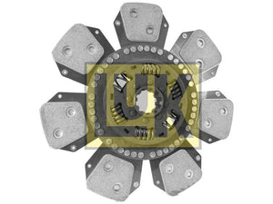 Image of the Clutch Plate (Sparex Part Number: S.4972589) by Sparex, featuring a 350mm, multi-segmented clutch disc with torsion sprung friction pads arranged in a star pattern and mounted on a metal hub, used in automotive transmissions.