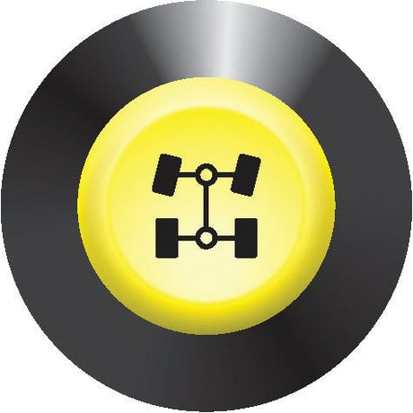 The Sparex 4 Wheel Drive Push Switch - 12V (Part No. S.55317) features a yellow button with an icon of a drivetrain, showing four wheels connected by axles and a driveshaft, signifying its 4-wheel drive capability related to vehicle transmission or drive configuration.