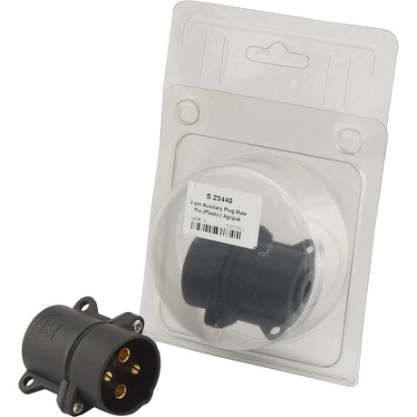 A black plastic 4-pin auxiliary plug male connector, rated for 20A at 24V, with one connector on display and another in a plastic package labeled "S23440," is available as the Sparex 4 Pin Auxiliary Plug (Male), Black Plastic (Agripak) | Sparex Part No. S.23440.