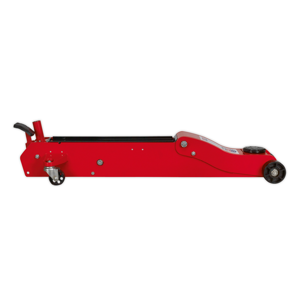 Sealey Trolley Jack 5 Tonne European Style - 5000ES, featuring a red low-profile design with a black handle and grey nylon wheels.