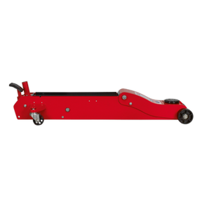 Sealey Trolley Jack 5 Tonne European Style - 5000ES, featuring a red low-profile design with a black handle and grey nylon wheels.
