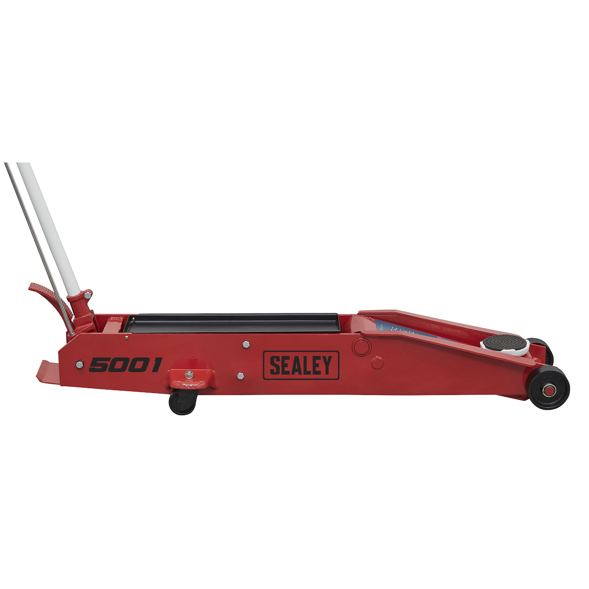 A Sealey Trolley Jack 5 Tonne Long Reach - 5001 in red, featuring a long handle, small wheels, and a foot pedal.