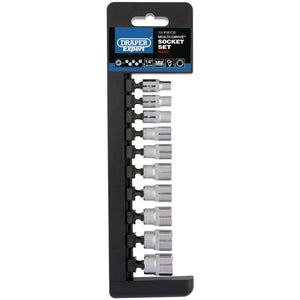 Image of a Draper Multi-Drive® Metric Socket Set, 1/4" Sq. Dr. (10 Piece) - B10M/MDS/E, arranged in a holder. The set includes various metric socket sizes labeled with MM and is crafted from durable chrome vanadium steel.