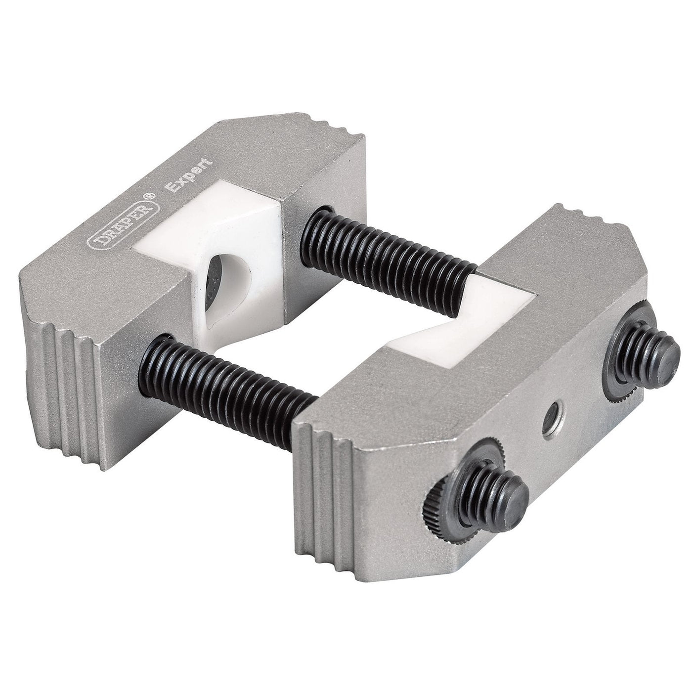 The Draper Expert Clamp For Strut Insert Pistons - CSIP-60MM, a silver adjustable tool clamp branded by Draper, features two screws for tightening or loosening and is perfect for securely holding MacPherson struts in place.