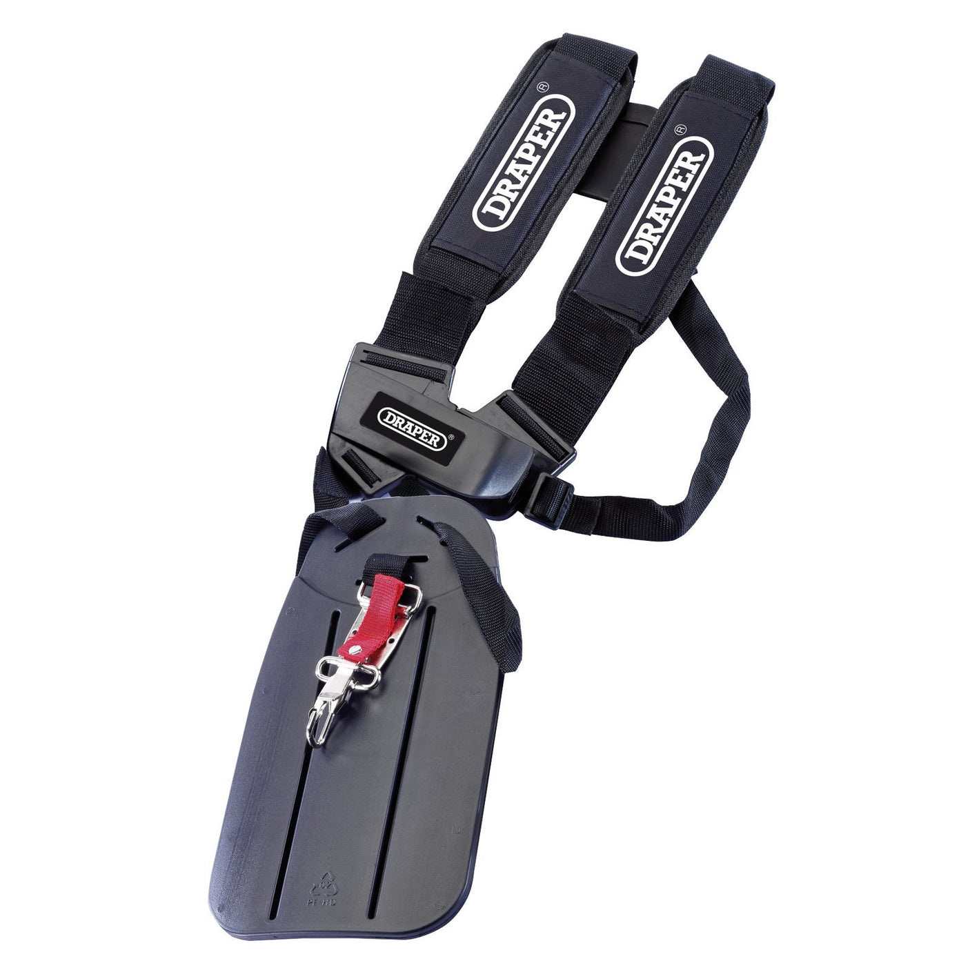 A Draper Safety Harness For Grass And Brush Cutters - GTH2 in black, featuring cushioned shoulder pads and an attached protective plate, manufactured by Draper, typically used for distributing weight or holding equipment.