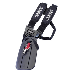 A Draper Safety Harness For Grass And Brush Cutters - GTH2 in black, featuring cushioned shoulder pads and an attached protective plate, manufactured by Draper, typically used for distributing weight or holding equipment.