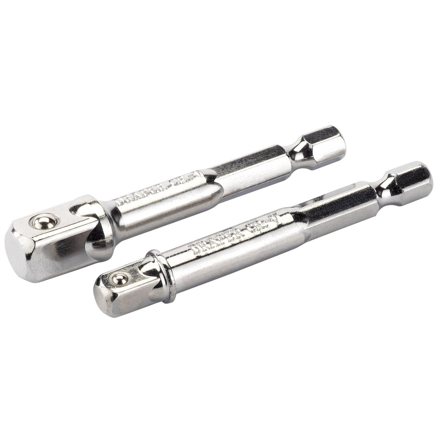 Image of two metal socket adapter drill bits, each with a chrome finish and hexagonal ends, crafted from chrome vanadium steel. The Draper 1/4" Hex. Socket Drive Adaptor Set includes one 1/4" square drive and one 3/8" square drive, designed for converting a power drill with a 1/4" hexagon drive into a versatile socket driver for various fastening applications.