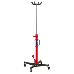 The Transmission Jack 500kg Vertical - 500ETJ by Sealey features a striking red and black design with wheels, multiple hooks at the top, and a convenient foot pedal operation for smooth adjustments.