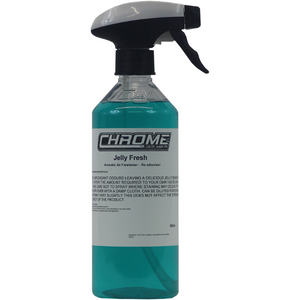 A blue liquid spray bottle labeled "Chrome - Jelly Fresh" by JMCE, perfect as an odor eliminator for your home.