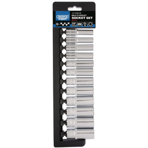 The Draper Multi-Drive® Deep Socket Set, 3/8" Sq. Dr. (12 Piece) - D9MD/MDS/E includes twelve chrome vanadium steel sockets in a black holder. Each metal socket is labeled with size measurements, ranging from smaller to larger sizes and is designed for use with a 3/8'' drive.