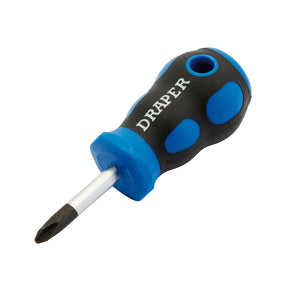 A Draper Soft Grip Cross Slot Screwdriver, No.2 X 38mm - 865CS, featuring a durable chrome vanadium steel tip and a blue and black soft grip handle with the brand name "Draper" printed on it.