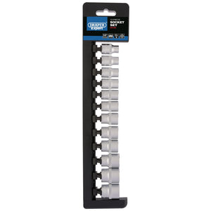 A 12-piece socket set in a vertical holder, branded "Draper," designed for mechanical work. Crafted from chrome vanadium steel with a micro satin finish, the packaging indicates various 6 point socket sizes.