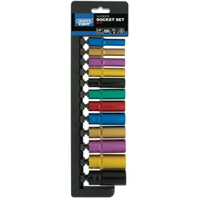 Image of the Draper Metric Coloured Deep Socket Set, 3/8" Sq. Dr. (12 Piece) - D9MD/6PT/C/E, arranged in a black holder. The sockets, made from chrome vanadium steel, come in various colors and sizes designed for use with a 3/8" square drive. Ideal for your tool box, these durable 6 point sockets offer efficiency and reliability.
