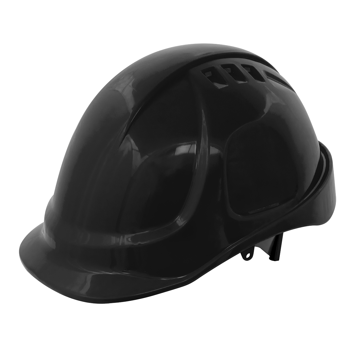 The Safety Helmet - Vented (Black) - 502BLK from Sealey is typically used in construction or industrial environments. This black supervisor helmet features a vented design, is compatible with hearing and face shield accessories, and includes a ratchet suspension harness for optimal fit and comfort.