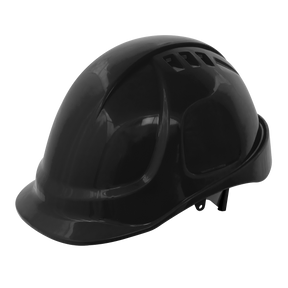 The Safety Helmet - Vented (Black) - 502BLK from Sealey is typically used in construction or industrial environments. This black supervisor helmet features a vented design, is compatible with hearing and face shield accessories, and includes a ratchet suspension harness for optimal fit and comfort.