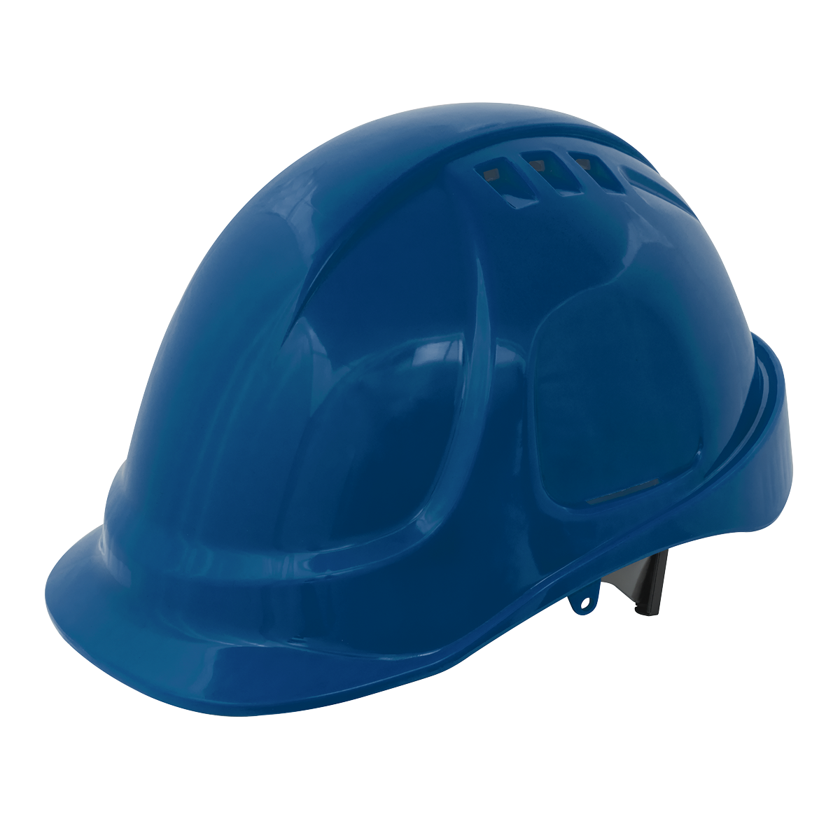 The Sealey Safety Helmet - Vented (Blue) - 502B features ventilation slots on top, a ratchet suspension harness for adjustable comfort, and is designed for optimal head protection in construction or industrial settings.