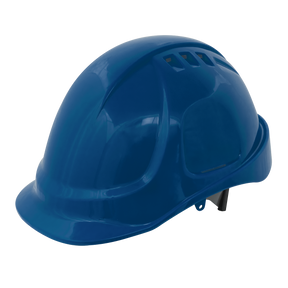 The Sealey Safety Helmet - Vented (Blue) - 502B features ventilation slots on top, a ratchet suspension harness for adjustable comfort, and is designed for optimal head protection in construction or industrial settings.