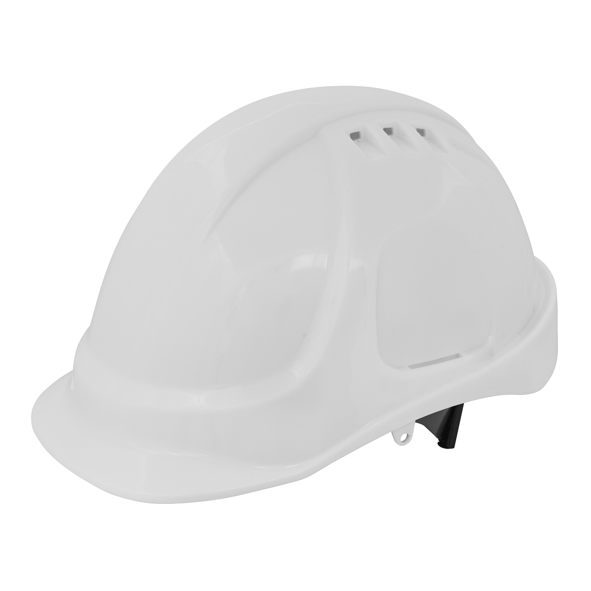 The Sealey Safety Helmet - Vented (White) - 502W for site managers features ventilation slots on the top, a ratchet suspension harness, and an adjustable strap underneath.