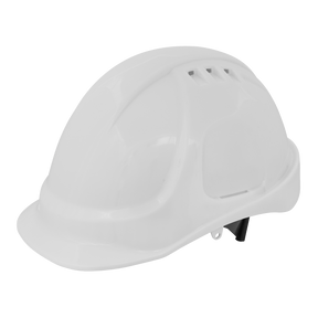 The Sealey Safety Helmet - Vented (White) - 502W for site managers features ventilation slots on the top, a ratchet suspension harness, and an adjustable strap underneath.