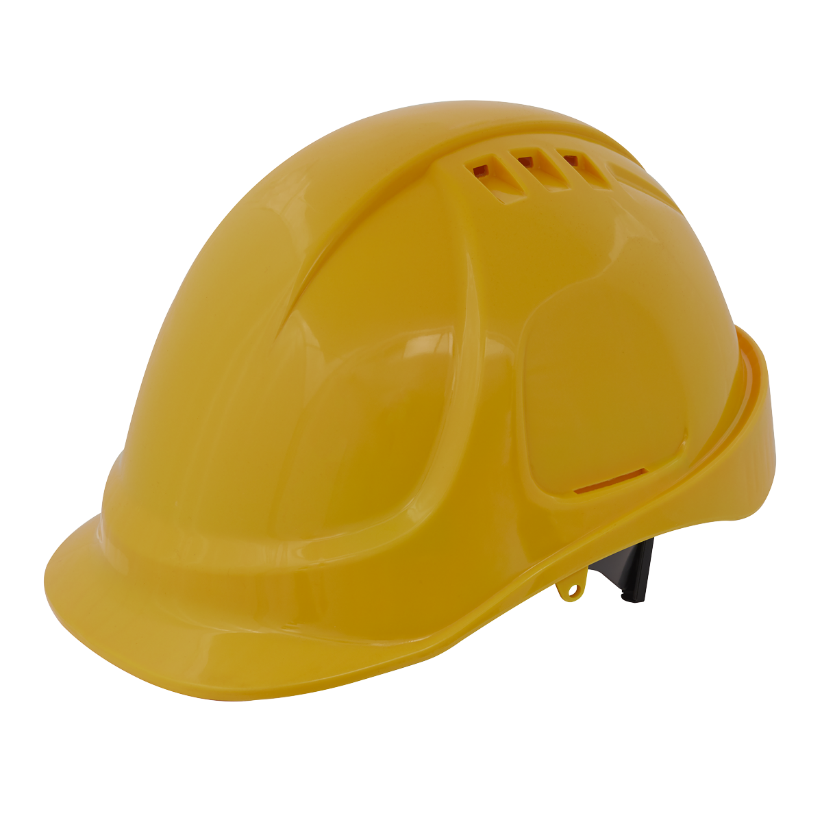 The Sealey Safety Helmet - Vented (Yellow) - 502Y features a visor, ventilation slots on the top, and a ratchet suspension harness, and it is compliant with BS EN397 standards.