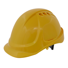 The Sealey Safety Helmet - Vented (Yellow) - 502Y features a visor, ventilation slots on the top, and a ratchet suspension harness, and it is compliant with BS EN397 standards.