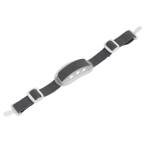 The Sealey Helmet Chin Strap - 503, featuring an adjustable black strap with gray plastic buckles and a gray cushioned pad in the center, is perfectly compatible with Worksafe 502 vented safety helmets.