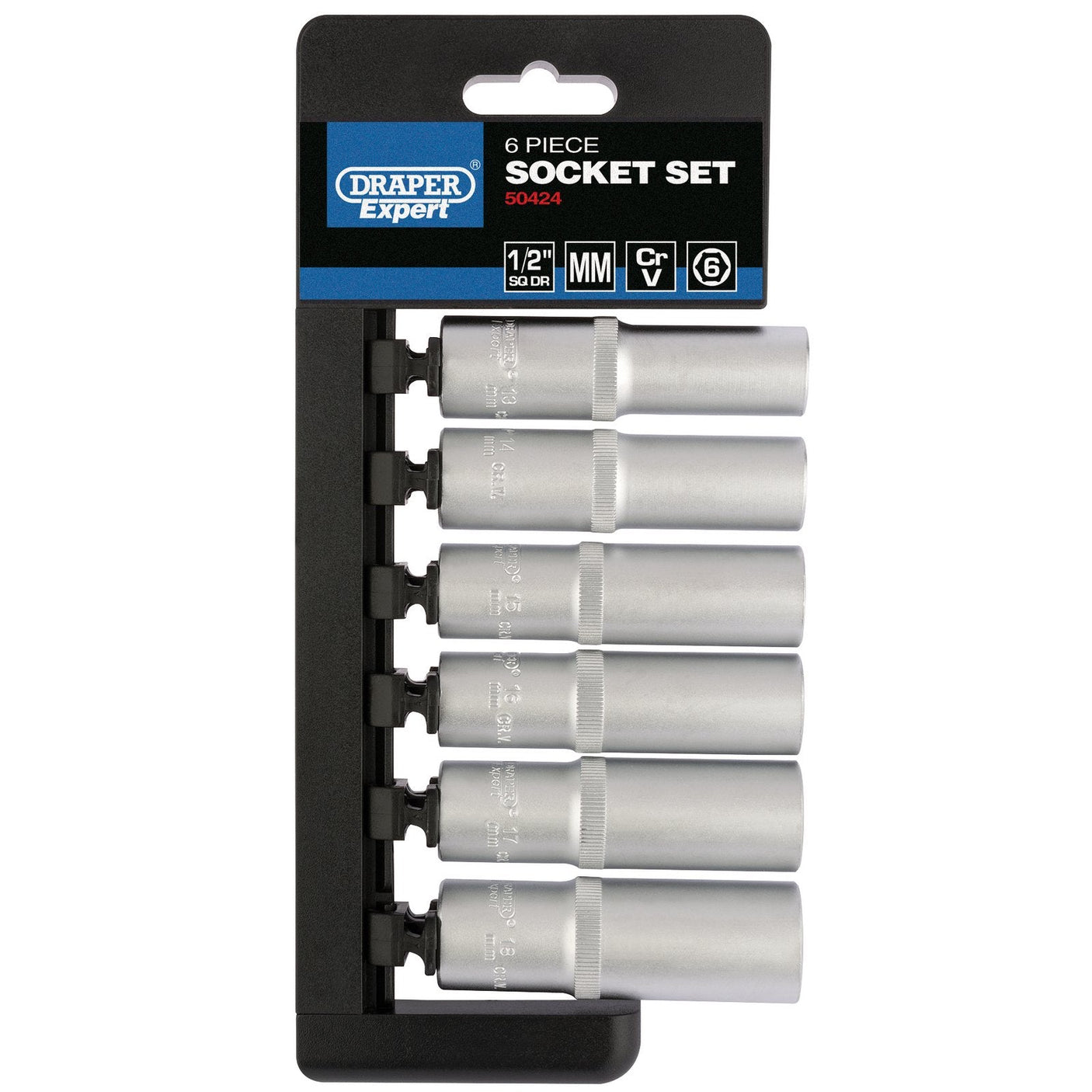 A black holder displaying the Draper Metric Deep Socket Set, 1/2" Sq. Dr. (6 Piece) - H6M/6PT/E, crafted from chrome vanadium steel with sizes labeled on the 6-point sockets. The sockets are neatly arranged in a vertical row.