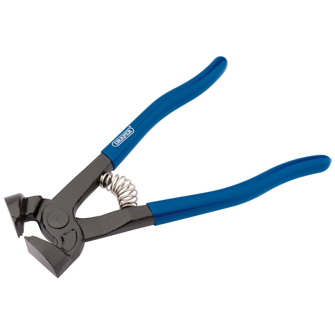 A pair of Draper Expert Tile Cutting Pliers, 200mm - 4906, featuring blue handles, cutting edges, and a spring mechanism.