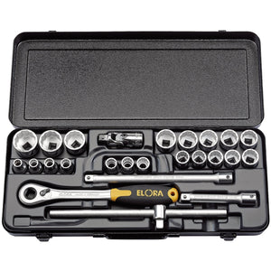 A set of chrome vanadium steel socket wrenches and accessories, including a reversible ratchet, organized in a black case with the brand "Draper" visible on the handle.