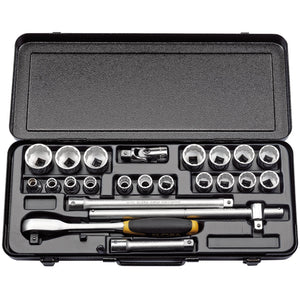 A Draper Elora Imperial Socket Set, 1/2" Sq. Dr. (23 Piece) - 770-OKLAU in a black hard case containing assorted sockets, wrenches, and ratchets made from durable chrome vanadium steel for mechanical use.