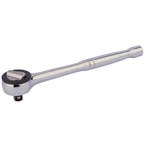 The Draper Round Head Reversible Ratchet, 3/8" Sq. Dr. - D63B is a polished metal tool constructed from durable chrome vanadium steel, featuring a curved handle and a 45-tooth ratchet mechanism at one end for attaching sockets. This wrench adheres to the high standards set by DIN3122 specifications.