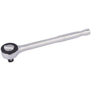 The Draper Round Head Reversible Ratchet, 1/2" Sq. Dr. - H75B, features a 45-tooth ratchet mechanism and a handle designed for superior grip. It is crafted from durable chrome vanadium steel and finished in chrome for added durability.