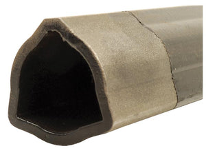 Here's a close-up view of the Rilsan® Coated PTO Tube - Triangle Profile by Sparex, measuring 1 meter in length (Part Number: S.50707). This black, hollow rubber seal has a unique irregular shape designed for sealing or insulation purposes and features a Rilsan-coated surface.