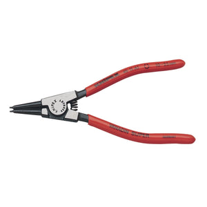 A Draper Knipex 46 11 A1 SBE pair of snap ring pliers, featuring red, plastic-coated handles and metal jaws with adjustable positions for internal and external snap rings, suitable for 10 - 25mm applications.