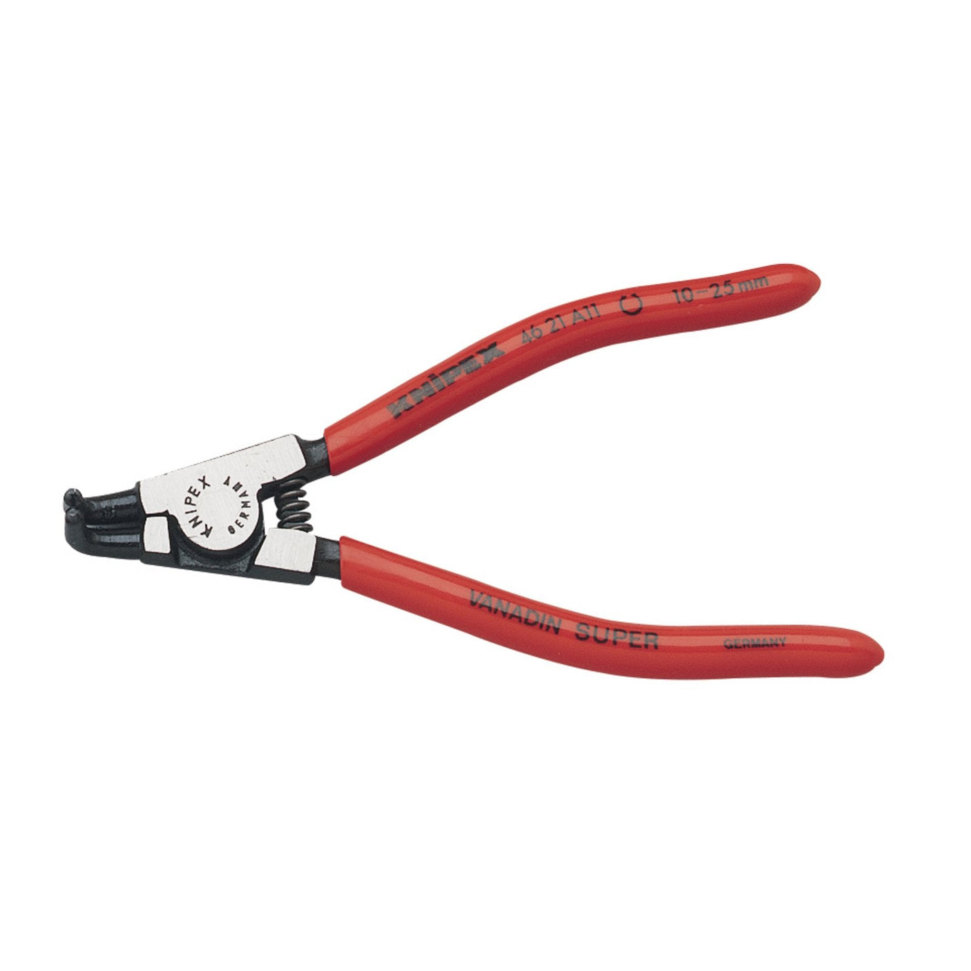 Introducing the Draper Knipex 46 21 A11 Sbe A11 Bent External Circlip Pliers, meticulously crafted from chrome vanadium electric steel with a handle featuring wire size and specification text, ensuring professional quality craftsmanship.