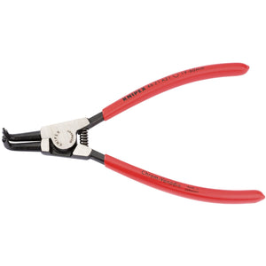 Image of a Draper Knipex 46 21 A21 Sbe A21 Bent External Circlip Plier with red handles, crafted from durable chrome vanadium steel and featuring 90° tips, designed for external retaining rings within a range of 19-60mm. Conforms to DIN ISO 5254B standards.
