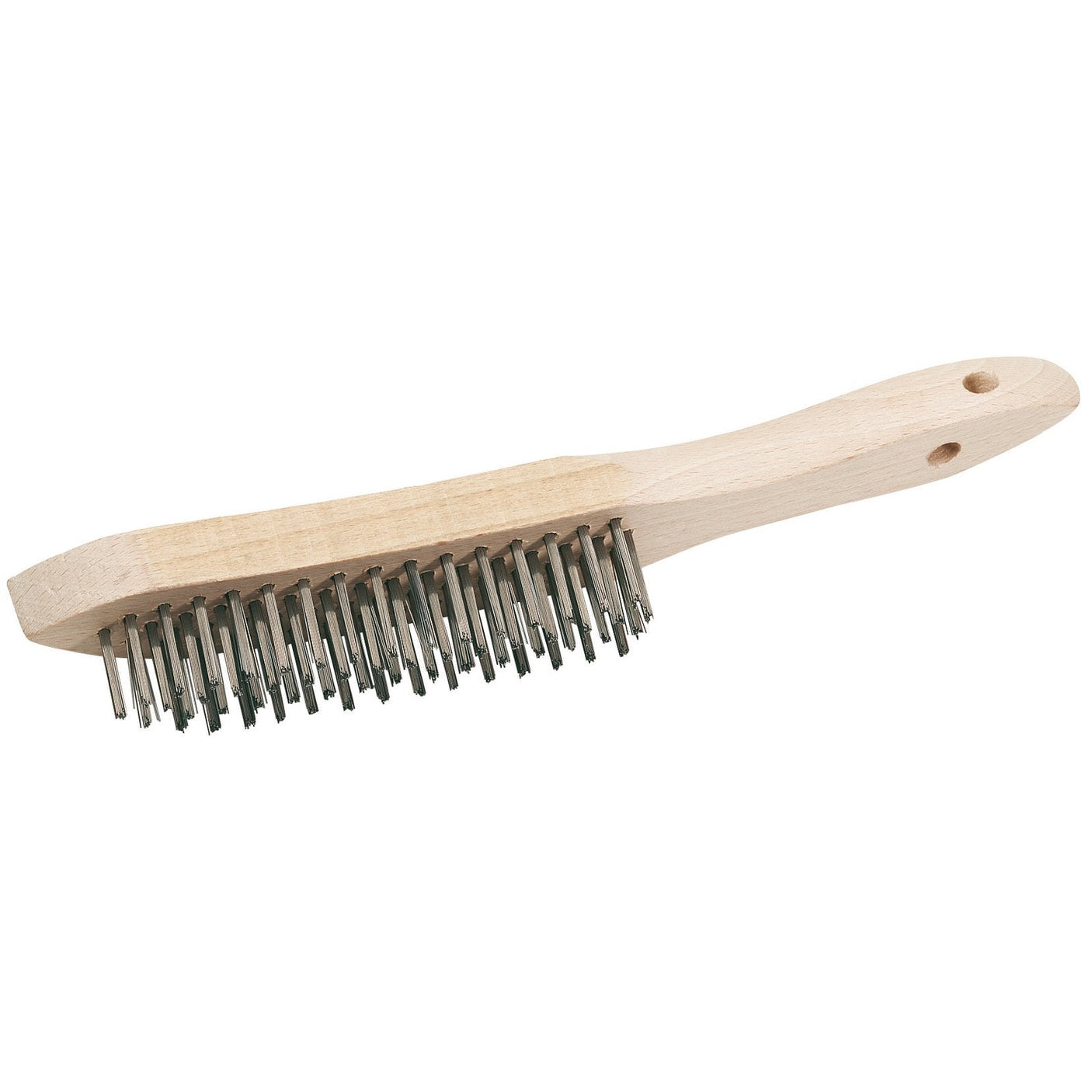 The Draper Stainless Steel 4 Row Wire Scratch Brush, 310mm - WB-SS/L, features a beech wooden handle with durable metal bristles. It includes a wire trim and a convenient hole at the end of the handle, with bristles measuring 25mm in length.