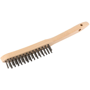 The Draper Wire Scratch Brush, 2 Row, 290mm - WB/L features a wooden handle with metal bristles and includes a convenient hang hole at the end for easy storage.